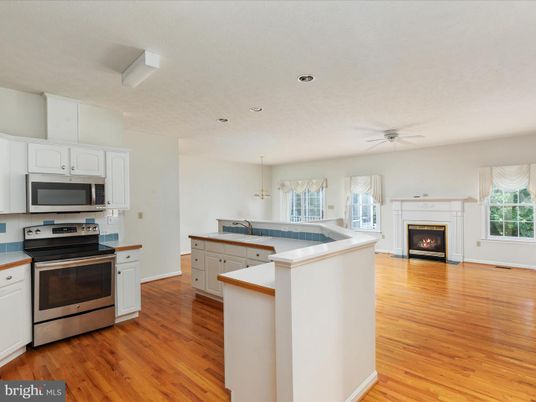 Empty room, Fireplace, Interior, Kitchen, Recessed Lighting, Stainless Steel Appliances, Wood Texture Flooring