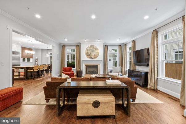 Dining room, Fireplace, Interior, Kitchen, Living room, Pendant Lights, Recessed Lighting, Wood Texture Flooring