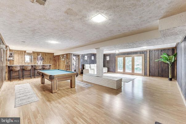 Billiard Table, Game Room, Interior, Recessed Lighting, Wood Texture Flooring, Wooden Walls