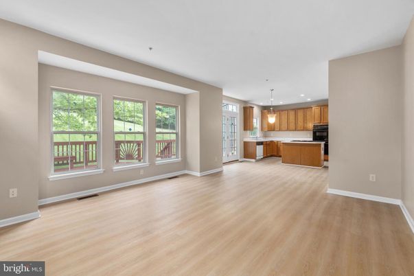 Empty room, Interior, Kitchen, Pendant Lights, Recessed Lighting, Wood Texture Flooring