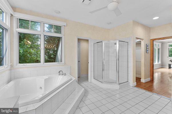 Bathroom, Glass Shower, Interior, Recessed Lighting, Wood Texture Flooring