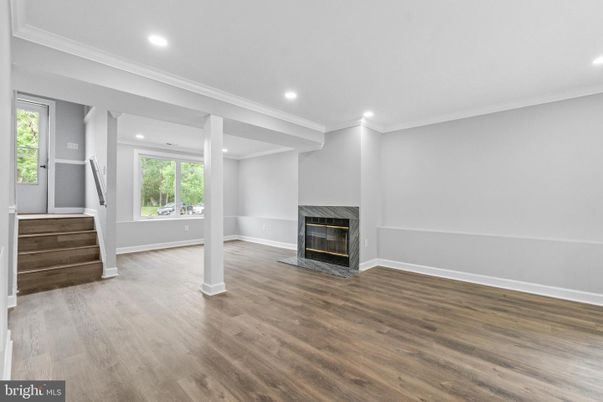 Empty room, Fireplace, Interior, Recessed Lighting, Wood Texture Flooring
