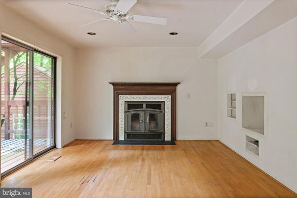 Empty room, Fireplace, Interior, Recessed Lighting, Wood Texture Flooring