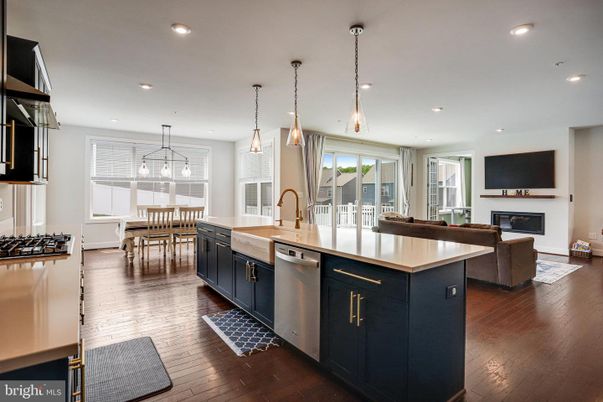 Dining room, Fireplace, Interior, Kitchen, Living room, Pendant Lights, Recessed Lighting, Stainless Steel Appliances, Wood Texture Flooring