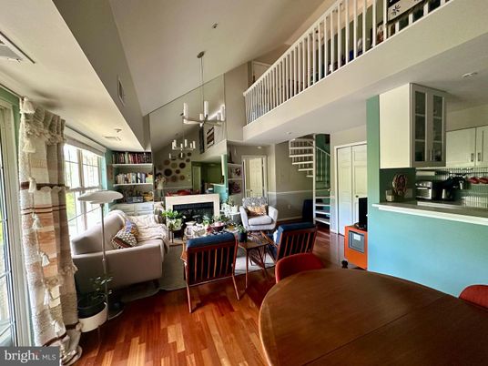 Fireplace, Interior, Living room, Pendant Lights, Recessed Lighting, Wood Texture Flooring