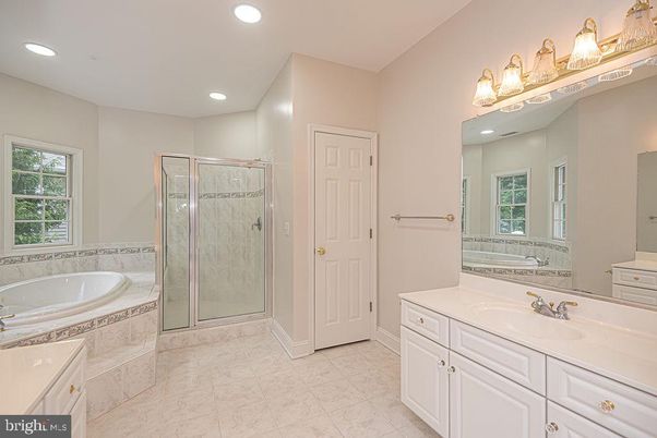 Bathroom, Dual Sink Vanities, Glass Shower, Interior, Marble, Recessed Lighting