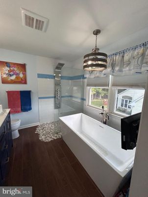 Bathroom, Glass Shower, Interior, Pendant Lights, Wood Texture Flooring