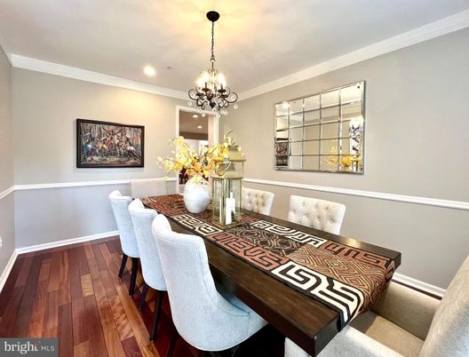 Chandelier, Dining room, Interior, Recessed Lighting, Wood Texture Flooring