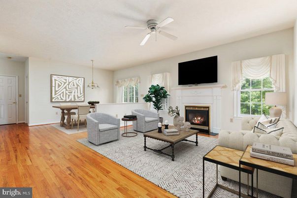 Dining room, Fireplace, Interior, Living room, Pendant Lights, Wood Texture Flooring