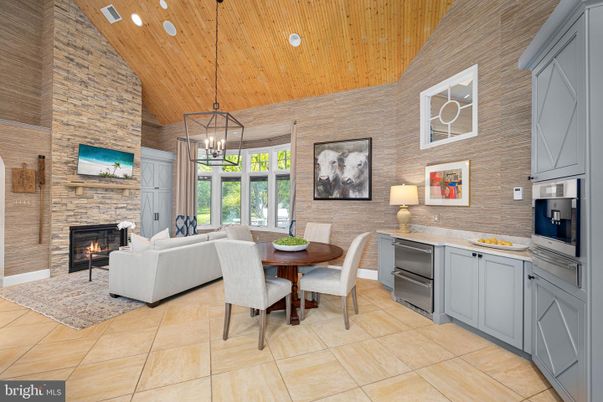 Dining room, Fireplace, Interior, Kitchen, Living room, Pendant Lights, Recessed Lighting, Stone Walls, Wooden Ceilings