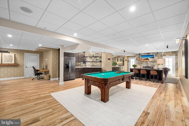 Billiard Table, Game Room, Interior, Pendant Lights, Recessed Lighting, Stone Walls, Wood Texture Flooring