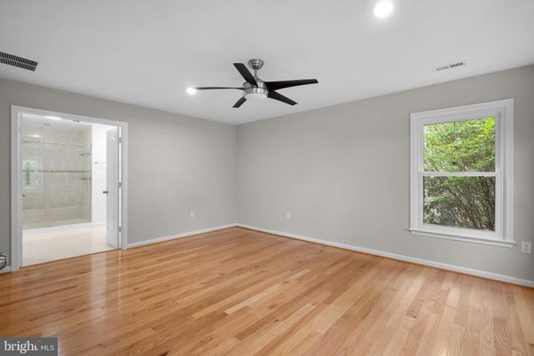 Bathroom, Empty room, Glass Shower, Interior, Recessed Lighting, Wood Texture Flooring