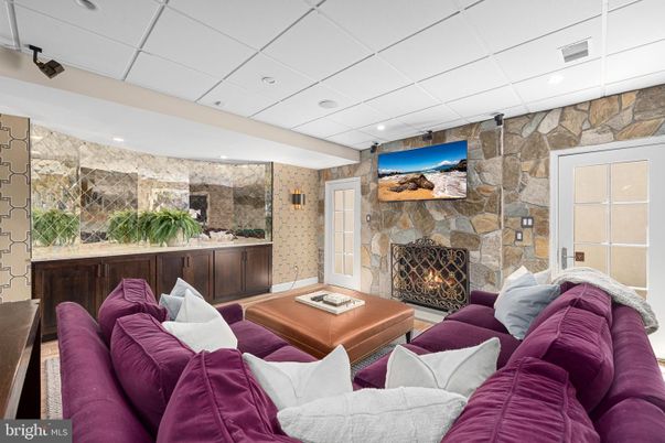 Fireplace, Interior, Living room, Recessed Lighting, Stone Walls