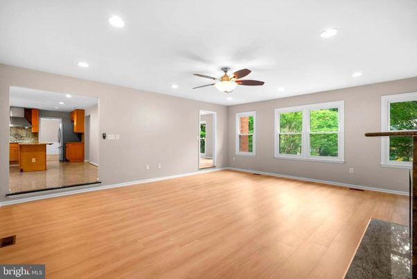 Empty room, Interior, Kitchen, Recessed Lighting, Wood Texture Flooring