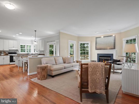 Dining room, Fireplace, Interior, Kitchen, Living room, Pendant Lights, Recessed Lighting, Wood Texture Flooring