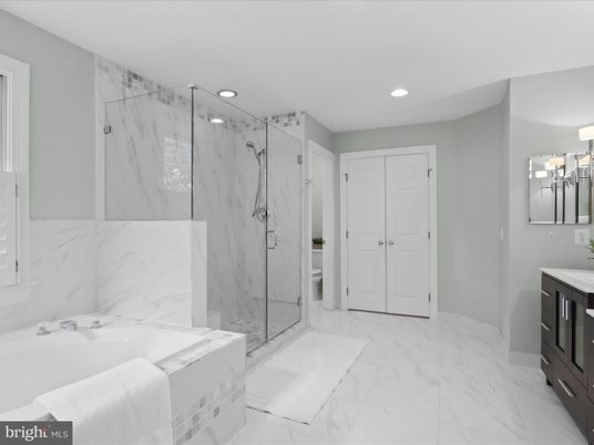 Bathroom, Glass Shower, Interior, Marble, Marble Walls, Recessed Lighting
