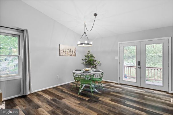 Dining room, Interior, Pendant Lights, Wood Texture Flooring