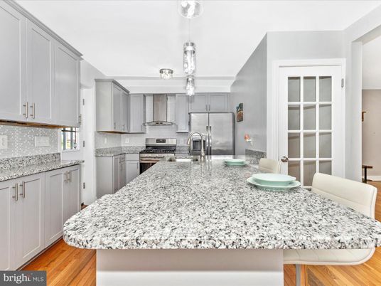 Interior, Kitchen, Pendant Lights, Stainless Steel Appliances, Wood Texture Flooring