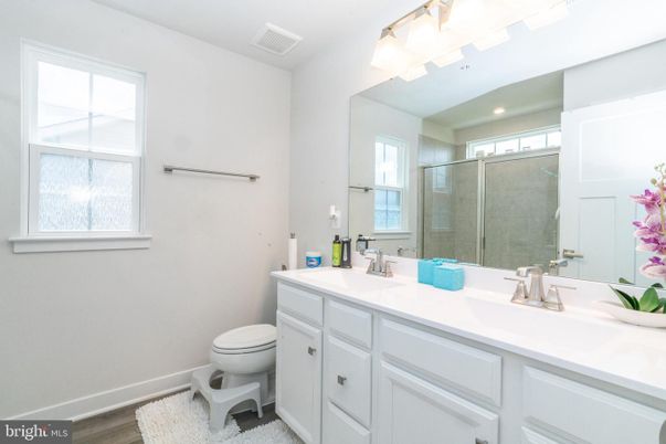 Bathroom, Dual Sink Vanities, Glass Shower, Interior, Recessed Lighting, Wood Texture Flooring