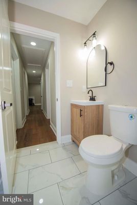 Bathroom, Interior, Marble, Recessed Lighting, Wood Texture Flooring