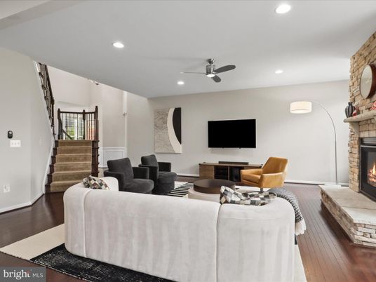 Fireplace, Interior, Living room, Recessed Lighting, Wood Texture Flooring