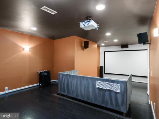 Interior, Projection Screen, Recessed Lighting, Theatre Room, Wood Texture Flooring