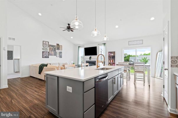 Dining room, Fireplace, Interior, Kitchen, Living room, Pendant Lights, Recessed Lighting, Wood Texture Flooring