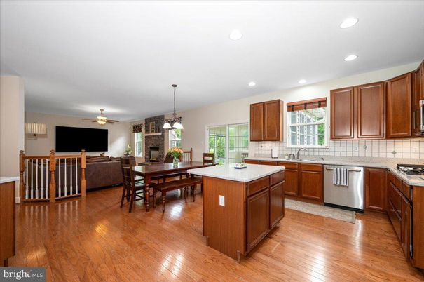 Dining room, Fireplace, Interior, Kitchen, Pendant Lights, Recessed Lighting, Wood Texture Flooring