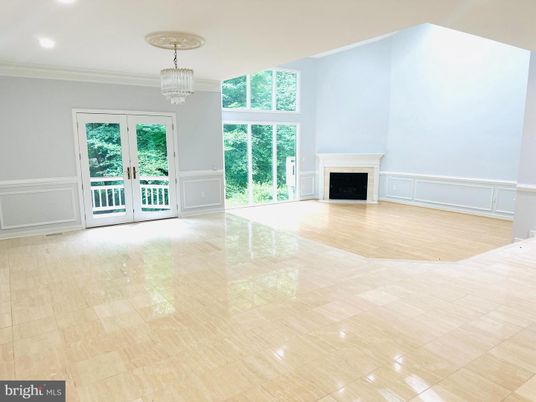 Chandelier, Empty room, Fireplace, Interior, Recessed Lighting, Wood Texture Flooring