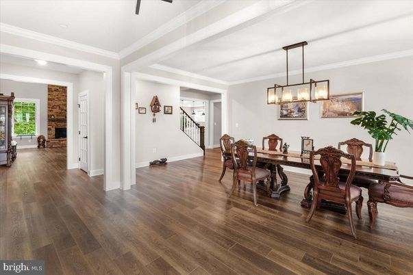 Dining room, Interior, Pendant Lights, Wood Texture Flooring