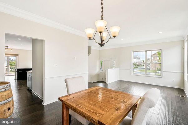 Dining room, Interior, Pendant Lights, Recessed Lighting, Wood Texture Flooring