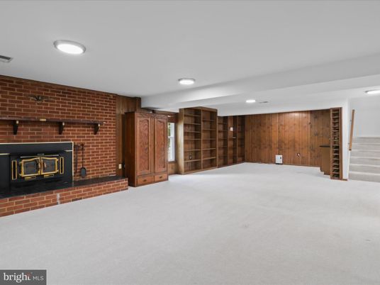 Empty room, Fireplace, Interior, Recessed Lighting, Stone Walls, Wooden Walls
