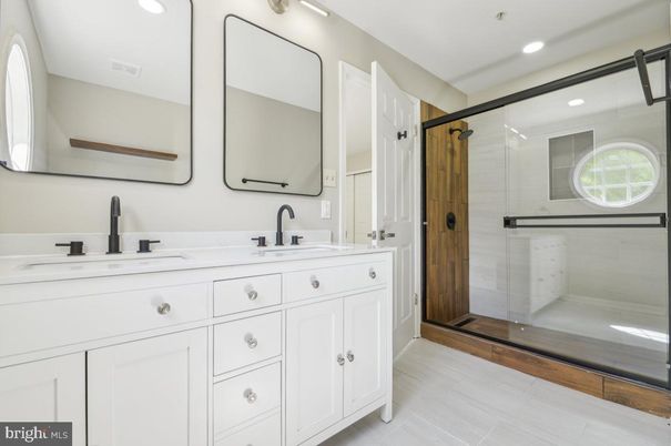 Bathroom, Dual Sink Vanities, Glass Shower, Interior, Recessed Lighting