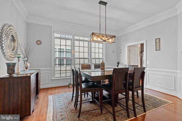 Dining room, Interior, Pendant Lights, Wood Texture Flooring
