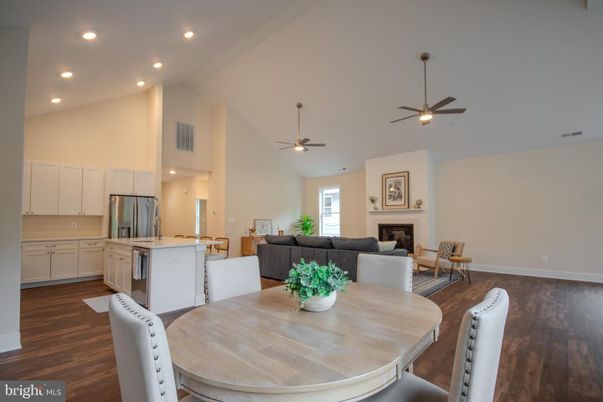Dining room, Fireplace, Interior, Kitchen, Living room, Recessed Lighting, Wood Texture Flooring