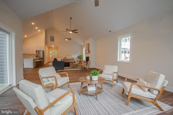 Fireplace, Interior, Kitchen, Living room, Pendant Lights, Recessed Lighting, Wood Texture Flooring