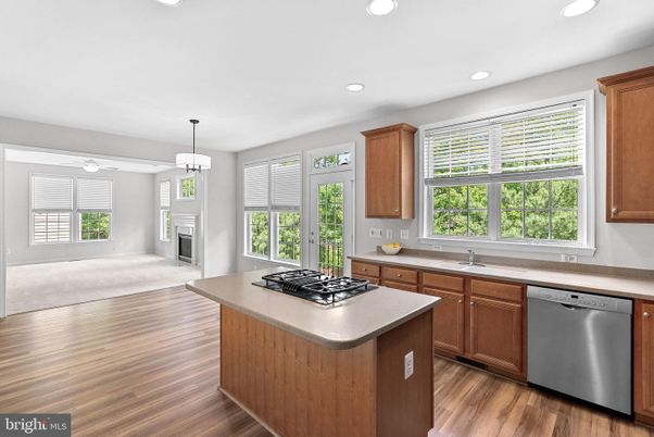 Fireplace, Interior, Kitchen, Pendant Lights, Recessed Lighting, Wood Texture Flooring