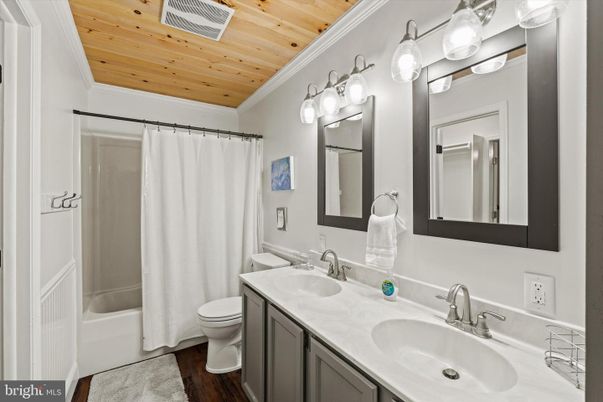 Bathroom, Dual Sink Vanities, Interior, Wooden Ceilings, Wood Texture Flooring