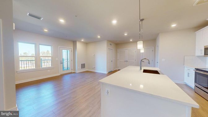 Empty room, Interior, Kitchen, Pendant Lights, Recessed Lighting, Wood Texture Flooring