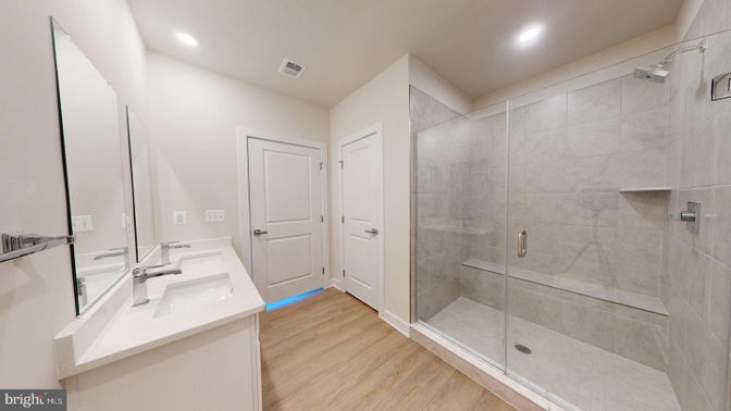 Bathroom, Glass Shower, Interior, Recessed Lighting, Wood Texture Flooring