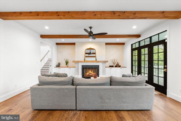 Fireplace, Interior, Living room, Recessed Lighting, Wooden Beams, Wood Texture Flooring