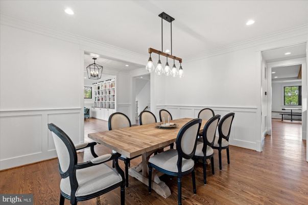 Dining room, Interior, Pendant Lights, Recessed Lighting, Wood Texture Flooring
