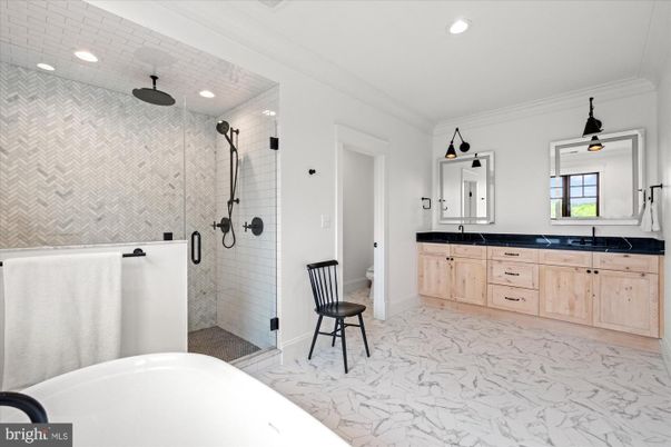 Bathroom, Dual Sink Vanities, Glass Shower, Interior, Marble, Recessed Lighting