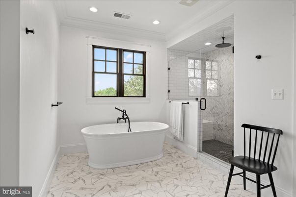 Bathroom, Free Standing Baths, Glass Shower, Interior, Marble, Marble Walls, Recessed Lighting