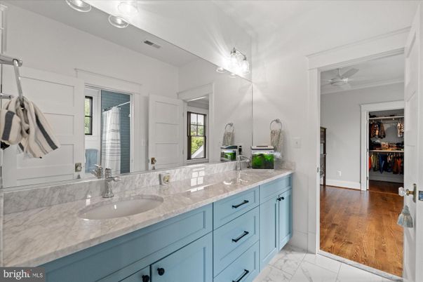Bathroom, Dual Sink Vanities, Interior, Marble, Wood Texture Flooring