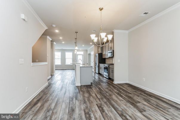 Chandelier, Empty room, Interior, Kitchen, Pendant Lights, Recessed Lighting, Wood Texture Flooring