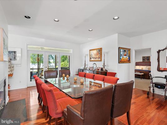 Dining room, Fireplace, Interior, Recessed Lighting, Wood Texture Flooring