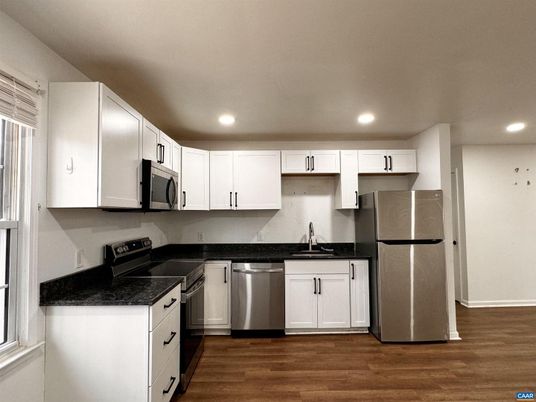 Interior, Kitchen, Recessed Lighting, Stainless Steel Appliances, Wood Texture Flooring