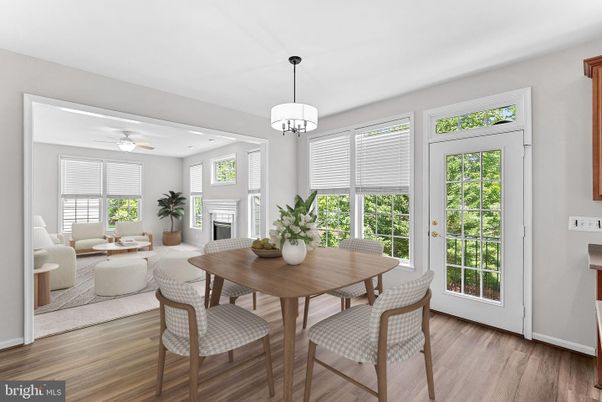Dining room, Fireplace, Interior, Living room, Recessed Lighting, Wood Texture Flooring