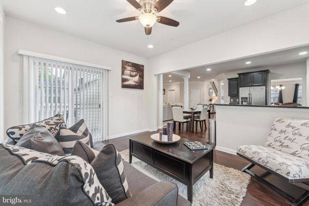 Dining room, Interior, Kitchen, Living room, Recessed Lighting, Stainless Steel Appliances, Wood Texture Flooring